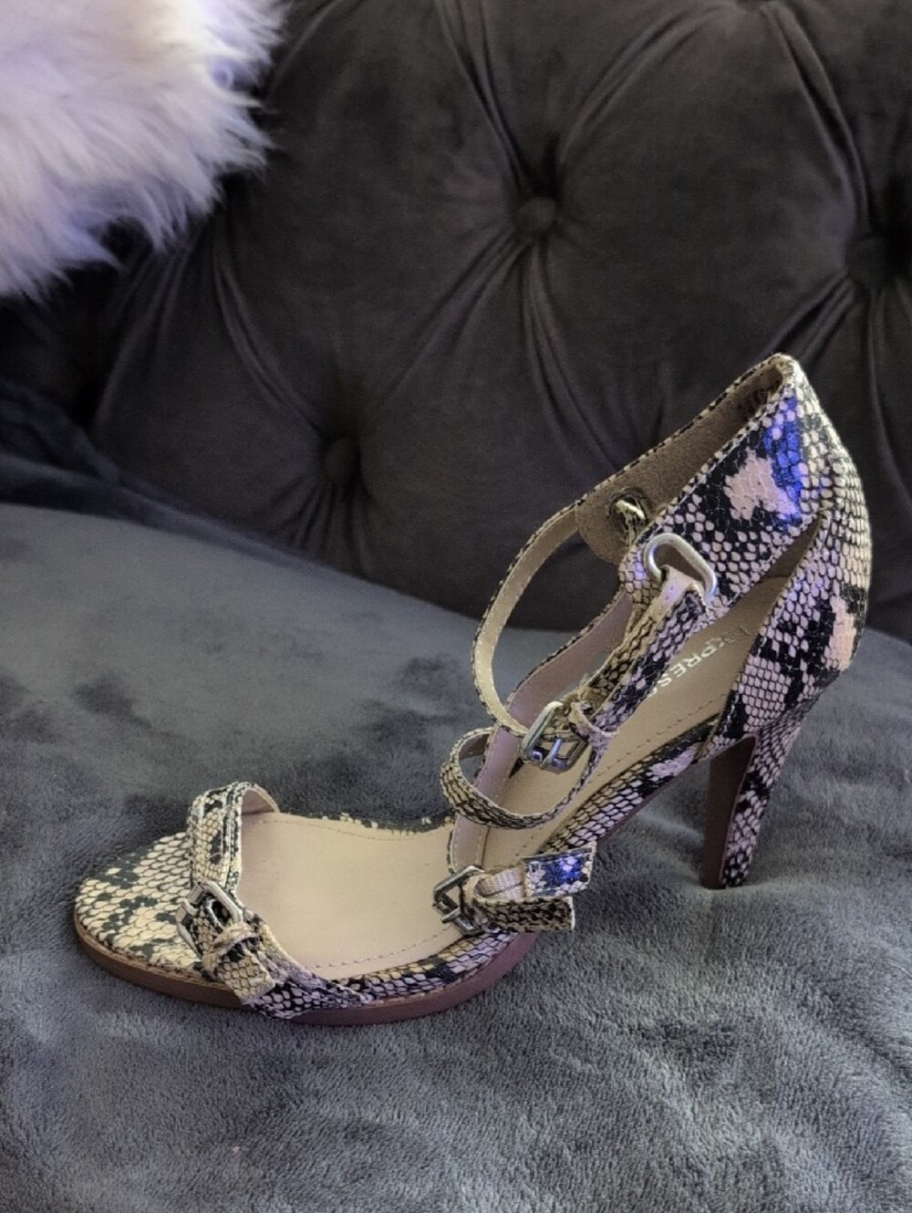 Express Snake-Print Strappy Heels in Beige and Black - Picture 7 of 7